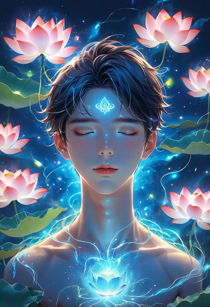 (masterpiece, best quality:1.2), digital art style, charming illustration,Peace pictures，1 boy, 18 years old, Wearing lotus on head，alone，body glow，glowing line，fluorescence,Luminous example，Tracking example，flash，萤light particles，backlight，translucent，light particles，correct human anatomy, OPEN EYES