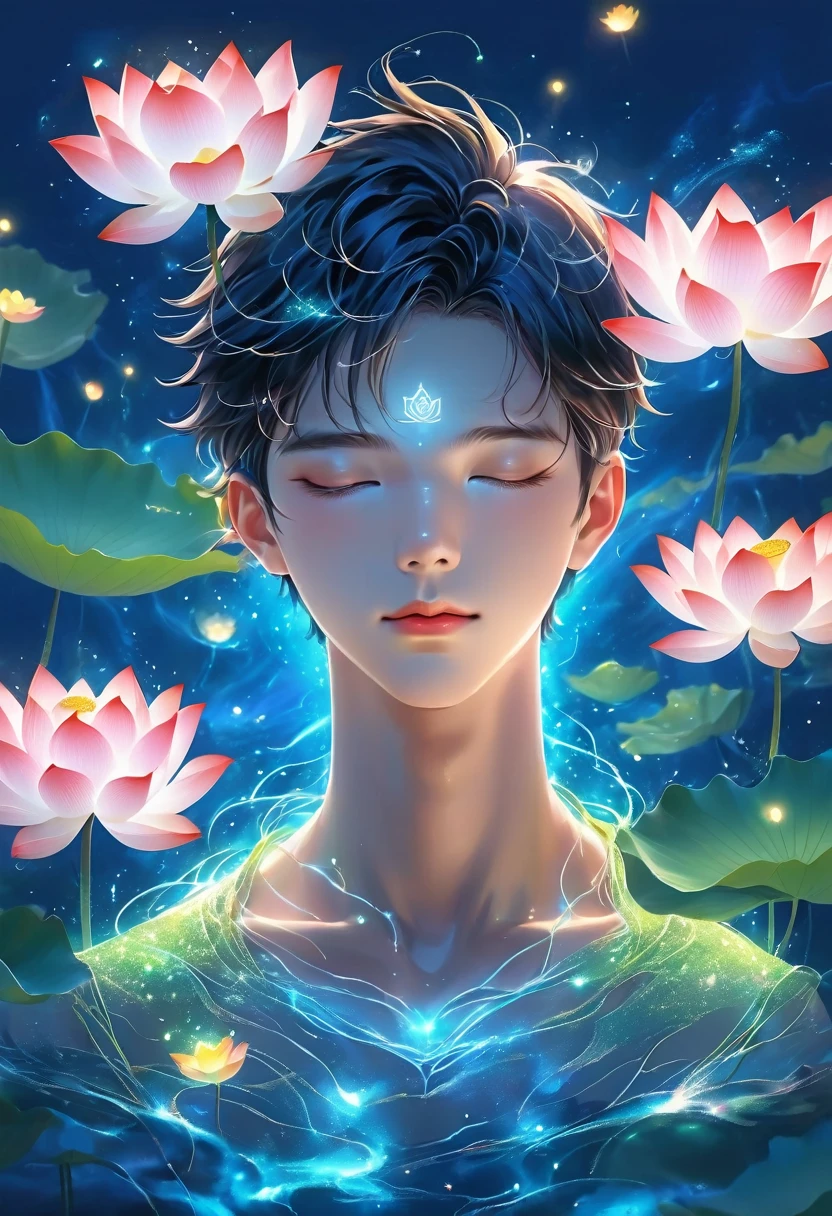 (masterpiece, best quality:1.2), digital art style, charming illustration,Peace pictures，1 boy, 18 years old, Wearing lotus on head，alone，body glow，glowing line，fluorescence,Luminous example，Tracking example，flash，萤light particles，backlight，translucent，light particles，correct human anatomy, OPEN EYES