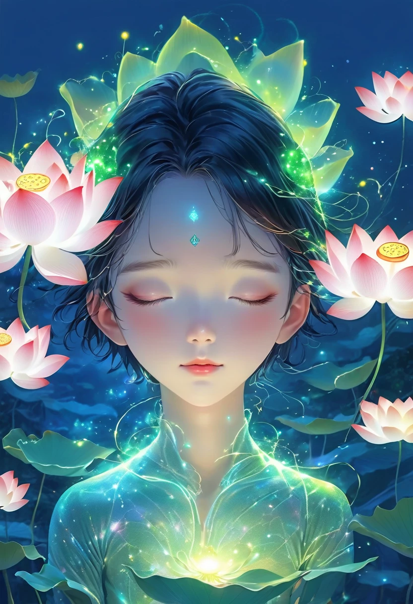 (masterpiece, best quality:1.2), digital art style, charming illustration,Peace pictures，1 boy, 18 years old, Wearing lotus on head，alone，body glow，glowing line，fluorescence,Luminous example，Tracking example，flash，萤light particles，backlight，translucent，light particles，correct human anatomy, OPEN EYES