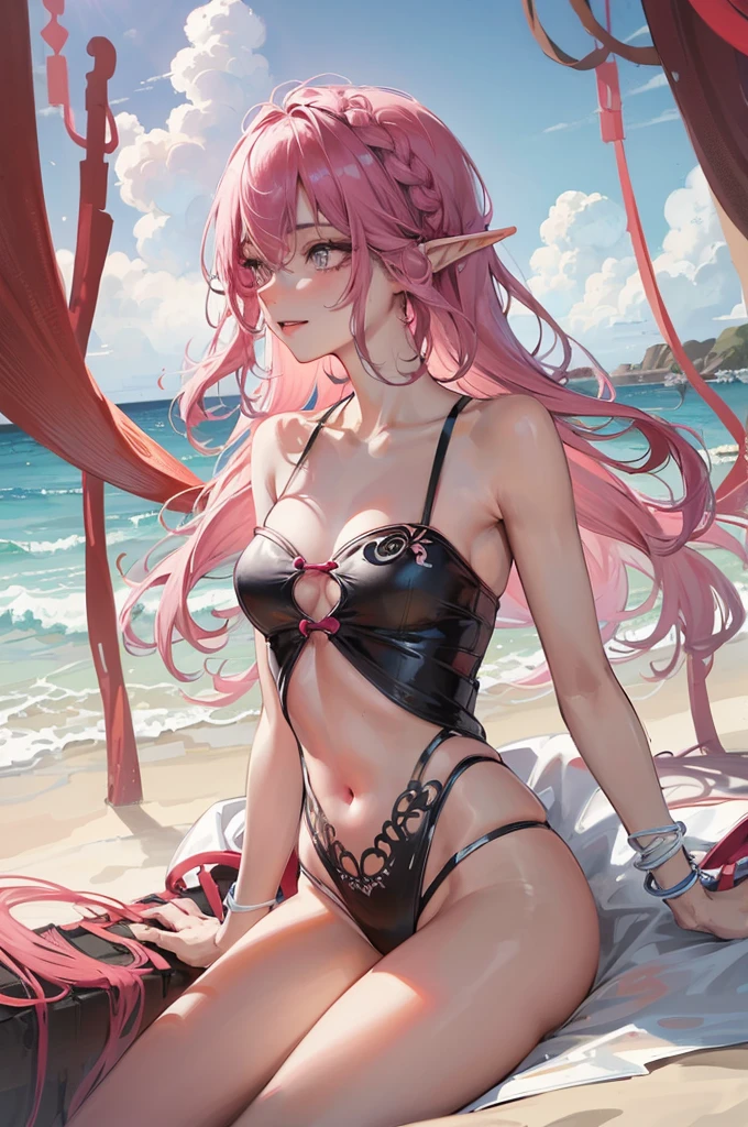 (pov Swimwear style) (beautiful body), (black skin:1.3, solo:2, 1000 yo, Braid pink hair long hair cool elf woman, cool gray eyes, ecstasy smile, love mode, small tits), (in a sexy:1.5 detailed bandeau swimsuit, Ruby double exposure:1.4), break, in the Swimsuit contest venue, background detailed beautiful Coast, BREAK, perfect anatomy, masterpiece, best quality, 16k, beautiful detailed love, sexy, daydreaming expression.