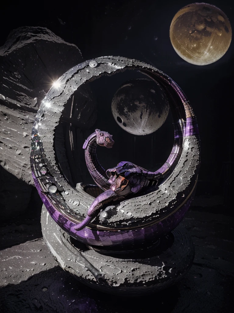 (((masterpiece:1.1))), 3d, hdr, high quality, insane quality, (((A cobra wrapped around a cresent moon:1.4))), ((the cobra is made out of amethyst crystrals and is wrapping around a shining cresent moon ready to strike with mouth open and hood up)), ((the cresent moon is made of porcelain glowing brightly and shimmering with an ethereal quality, the cresent moon is also adorned with intricate fractal designs)), realistic, watercolour, intricate details, ultra detailed, high quality, masterpiece