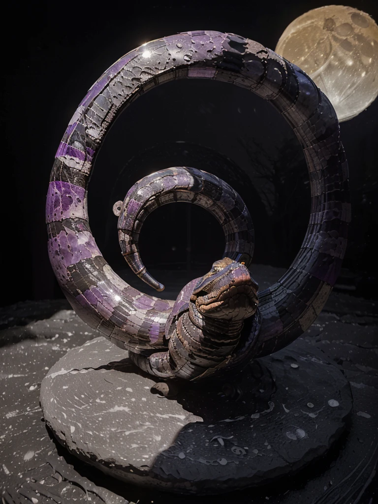 (((masterpiece:1.1))), 3d, hdr, high quality, insane quality, (((A cobra wrapped around a cresent moon:1.4))), ((the cobra is made out of amethyst crystrals and is wrapping around a shining cresent moon ready to strike with mouth open and hood up)), ((the cresent moon is made of porcelain glowing brightly and shimmering with an ethereal quality, the cresent moon is also adorned with intricate fractal designs)), realistic, watercolour, intricate details, ultra detailed, high quality, masterpiece
