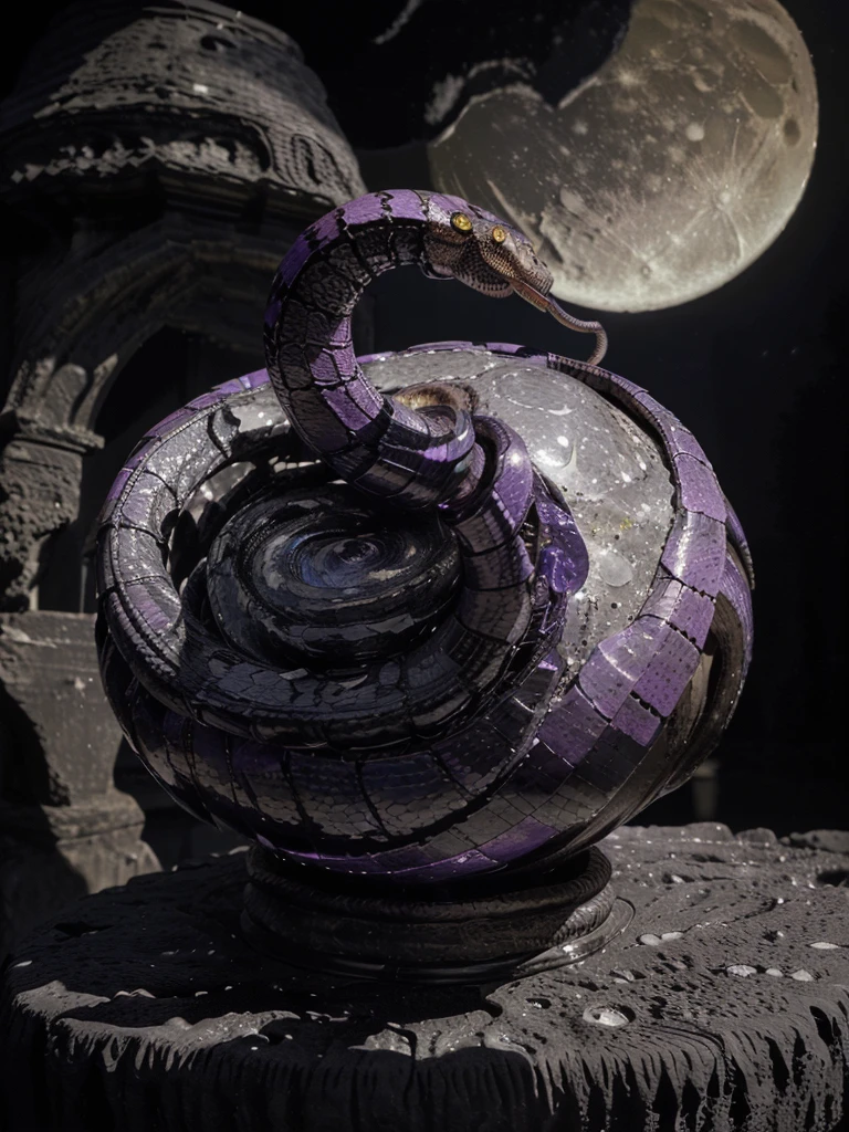 (((masterpiece:1.1))), 3d, hdr, high quality, insane quality, (((A cobra wrapped around a cresent moon:1.4))), ((the cobra is made out of amethyst crystrals and is wrapping around a shining cresent moon ready to strike with mouth open and hood up)), ((the cresent moon is made of porcelain glowing brightly and shimmering with an ethereal quality, the cresent moon is also adorned with intricate fractal designs)), realistic, watercolour, intricate details, ultra detailed, high quality, masterpiece