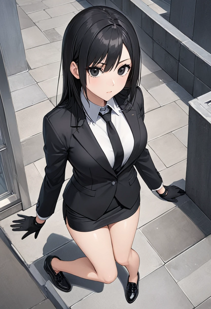 Black miniskirt , black shoes , pencil skirt , whole body , thighs , black hair , black eyes , straight hair , shorts blazer , black tie , bare legs , View from above , Black gloves