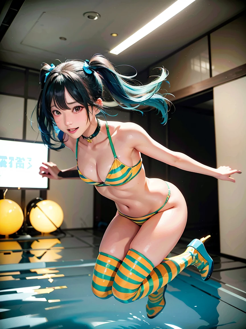 Object Placement: The character is centrally placed, oriented towards the left side of the frame, with a dynamic pose that suggests motion, specifically jumping or floating.
Main Object/Feature: The primary object is a female character with distinctive turquoise and blue hair, wearing a tiger-striped bikini and matching boots. The character has a surprised or engaged expression.
Relative Position of Other Elements: There are no other elements present in the image; the focus is solely on the character.
Color Specification:
Dominant colors include bright turquoise, blue, yellow, and black.
The hair is a gradient from blue to turquoise.
The bikini and boots are yellow with black tiger stripes.
Character Details:
Gender: Female
Age: Appears to be in late s or early twenties
Clothing: Tiger-striped bikini and knee-high boots
Expression: Engaged or surprised
Pose: Dynamic, in mid-air as if jumping or floating
Scene/Activity: The character is depicted in mid-air, possibly jumping or floating, giving a sense of movement and energy.
Accessories/Props: The character has small yellow horns on her head, matching her outfit's color scheme.
Light Direction and Intensity: The lighting is even, with no strong shadows, suggesting a well-lit environment, focusing on the character's features and colors.
Perspective/Angle: The character is viewed from a slightly lower angle, enhancing the dynamic and action-oriented pose.
Image Size and Aspect Ratio: The image appears to be vertically oriented, ideal for a full-body portrait.
Detailed Description: The character has long, flowing turquoise and blue hair, small yellow horns, and is dressed in a yellow tiger-striped bikini and matching boots. Her expression is one of engagement or surprise, and she is posed dynamically in mid-air. The lighting is even, highlighting her vibrant colors and detailed outfit.
Size and Orientation: Vertical orientation, suitable for full-body portraits.
Style/Theme: The character design is remin