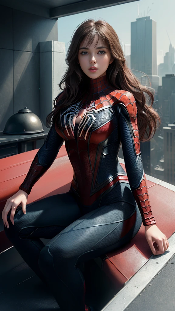 full body, (1girl:1.3), Solo, (((Very detailed face)))), ((Very detailed eyes and face)))), Beautiful detail eyes, Body parts__, Official art, Unified 8k wallpaper, Super detailed, beautiful and beautiful, beautiful, masterpiece, best quality, original, masterpiece, super fine photo, best quality, super high resolution, realistic realism, sunlight, half body, amazing beauty, allured chest, dynamic (squatted couching) pose, delicate face, vibrant eyes, (from the front), She wears Spider-Man suit, red and black color scheme, spider, very detailed city roof background, rooftop, overlooking the city, detailed face, detailed complex busy background, messy, gorgeous, milky white, highly detailed skin, realistic skin details, visible pores, clear focus, volumetric fog, 8k uhd, DSLR, high quality, film grain, fair skin, photo realism, lomography, futuristic dystopian megalopolis, translucent