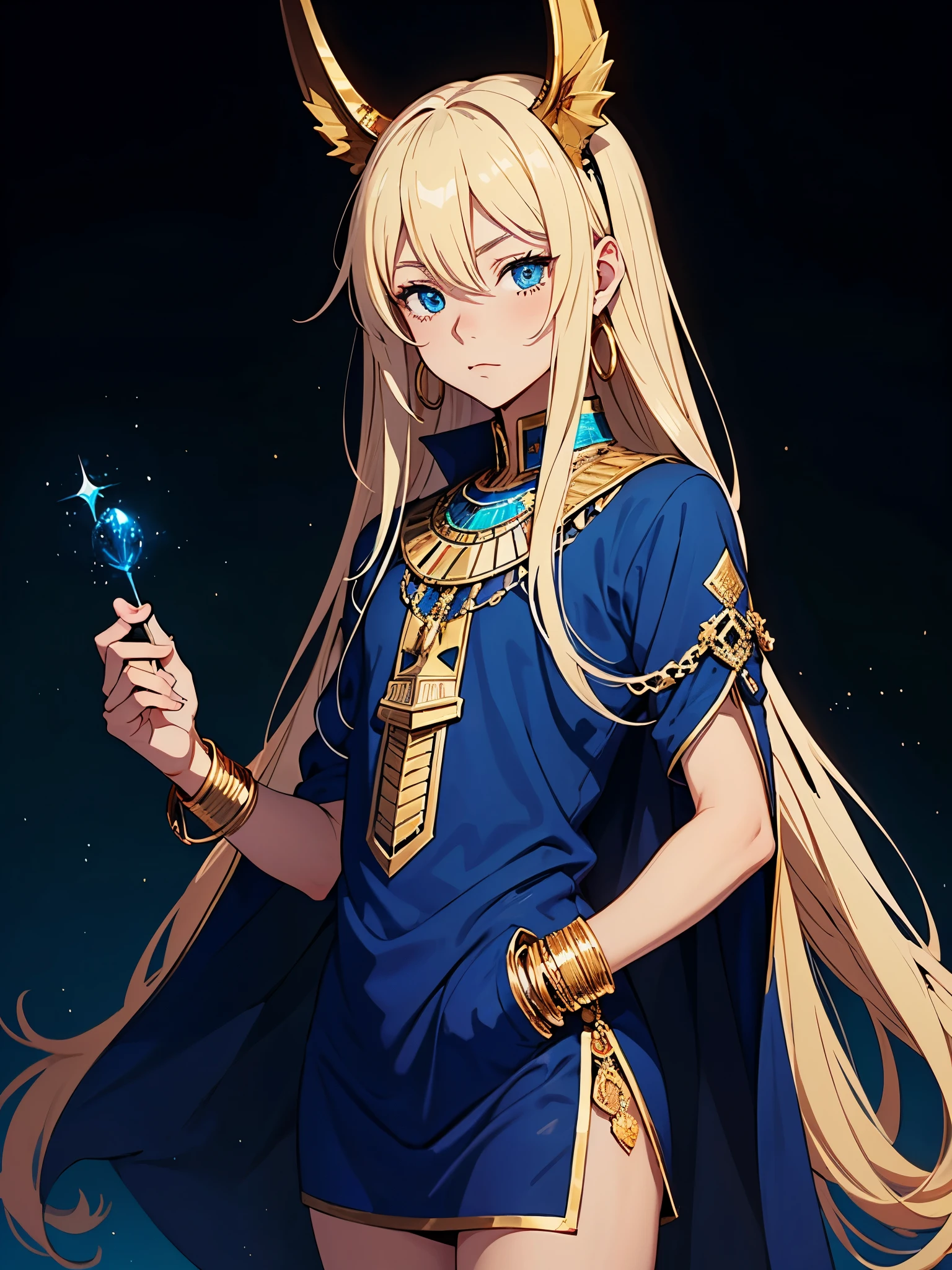 Schakalohren. More anime style. cutie pie. アニメ! Teenage boy. Egyptian deity Anubis. Egyptian blue clothing. Blue clothes.  long blond hair. Lots of gold jewelry. dark skin. Egyptian. dazzling blue eyes. mystical. divine.