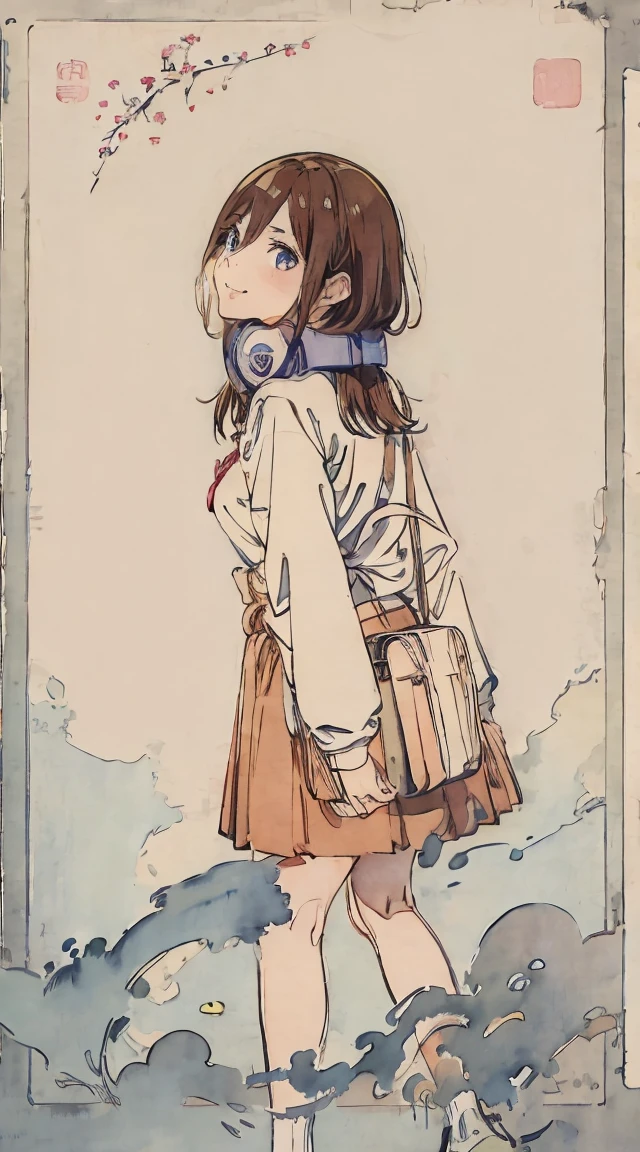 school classrooms、Watercolor style、Pale colors、hand painted style, 15yo student、hi-school girl、School route、carrying a schoolbag、Walking Girl Japan、posterior view、Looks Back、high-school uniform、A smile、frontage、The upper part of the body、pink red Brown hair、short-hair、cowboy shot, miku nakano