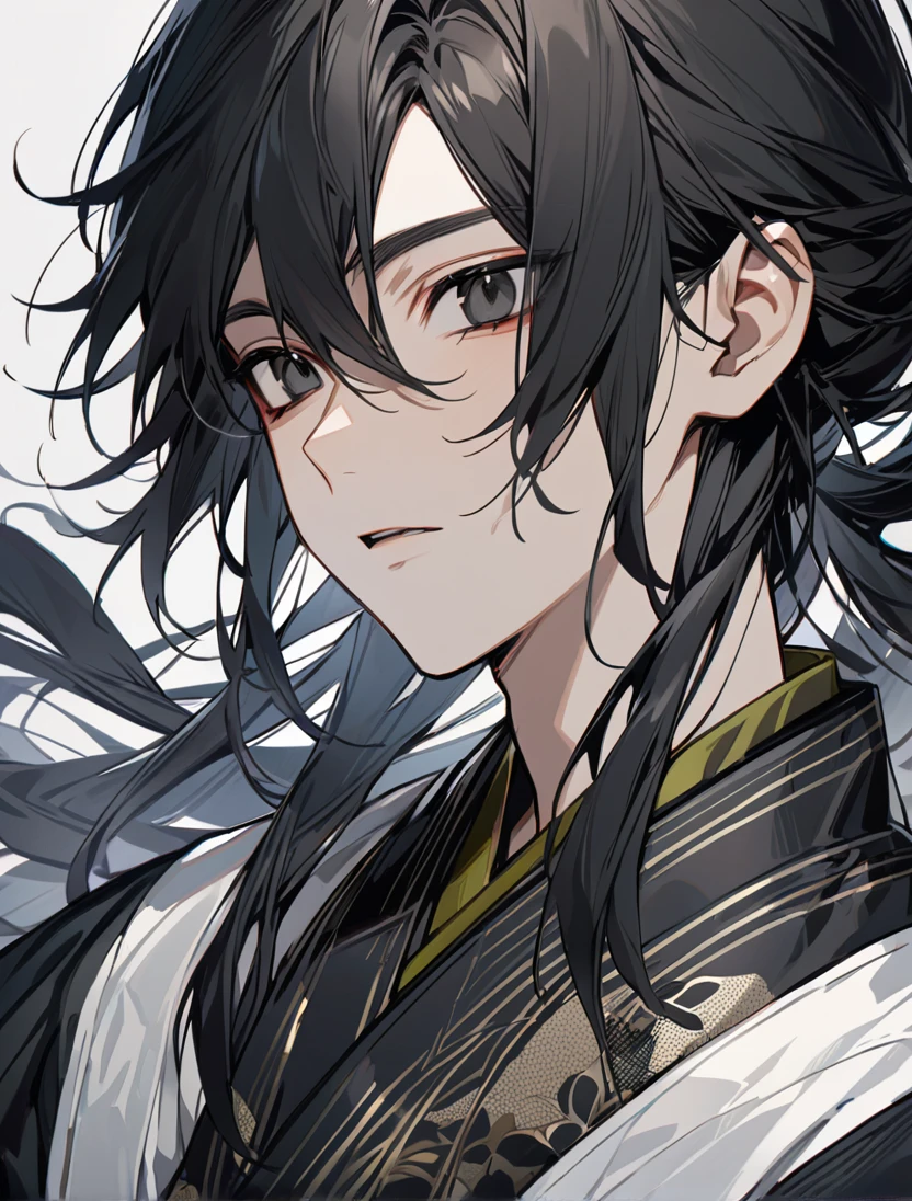 (black_hair), (long_male_hair), (deep_black_eyes), (high_detailed_eyes), (attractive), (emotionless), (male), (wearing _a_Unique_kimono), (detailed_Hair), (detailed), (detailed_mouth), (young_appearance)