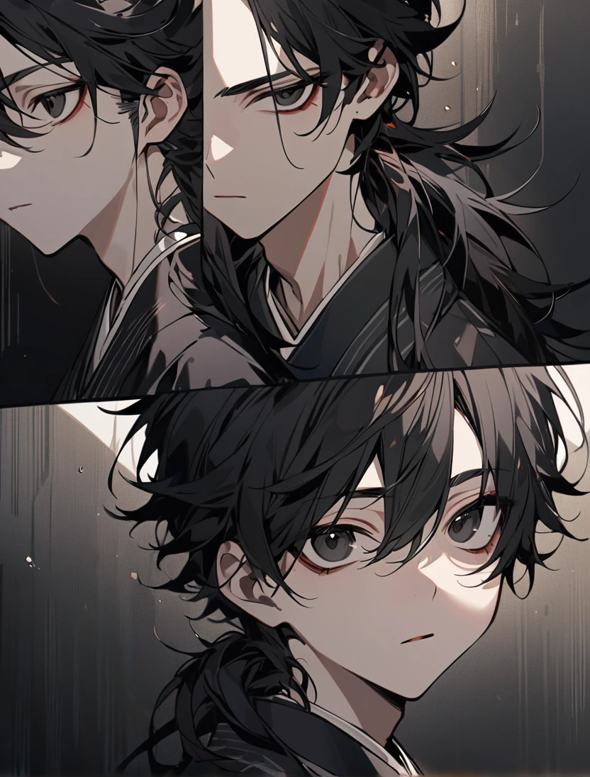 (black_hair), (long_male_hair), (deep_black_eyes), (high_detailed_eyes), (attractive), (emotionless), (male), (wearing _a_Unique_kimono), (detailed_Hair), (detailed), (detailed_mouth), (young_appearance)