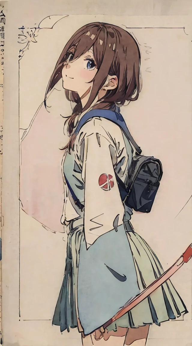 school classrooms、Watercolor style、Pale colors、hand painted style,  student、hi-school girl、School route、carrying a schoolbag、Walking Girl Japan、posterior view、Looks Back、high-school uniform、A smile、frontage、The upper part of the body、pink red Brown hair、short-hair、cowboy  shot, miku nakano