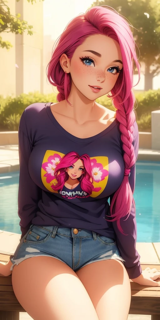 28 year old woman with freckles on her face, masterpiece, best quality, Magenta hair with long braid, small petals in the shag, Cute denim shorts, 1 long sleeve blouse, cute t-shirt, t-shirt, athletic curves, Average breasts, Breasts pressed into the t-shirt, looking at viewer, , cowboy shot, (best quality, ultra detailed, photorealistic: 1.39), bright and vibrant colors, studio lighting, romantic expression, seductive, cute girl pose, sitting on the bench in the stone square, fountain in the distance