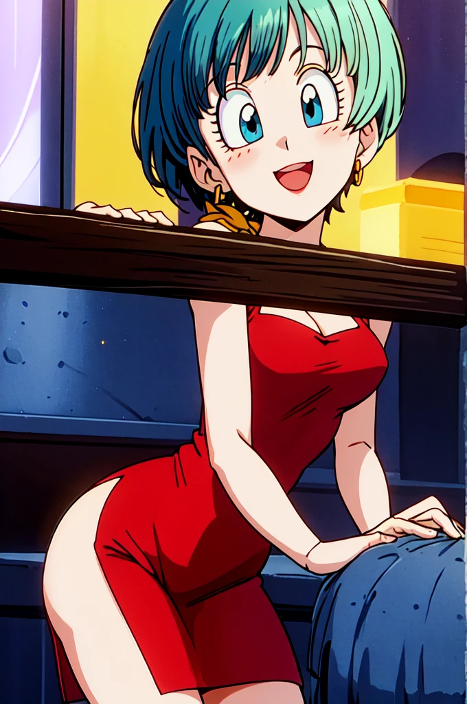 masterpiece, best quality, highest quality, (perfect illumination), (photorealistic), perfect anatomy, perfect face, perfect eyes, 
 bulmadbzreddress, aqua hair, short hair,  blue eyes, earrings, red dress, yellow scarf, beautiful night, sitting down gazing at stars smiling