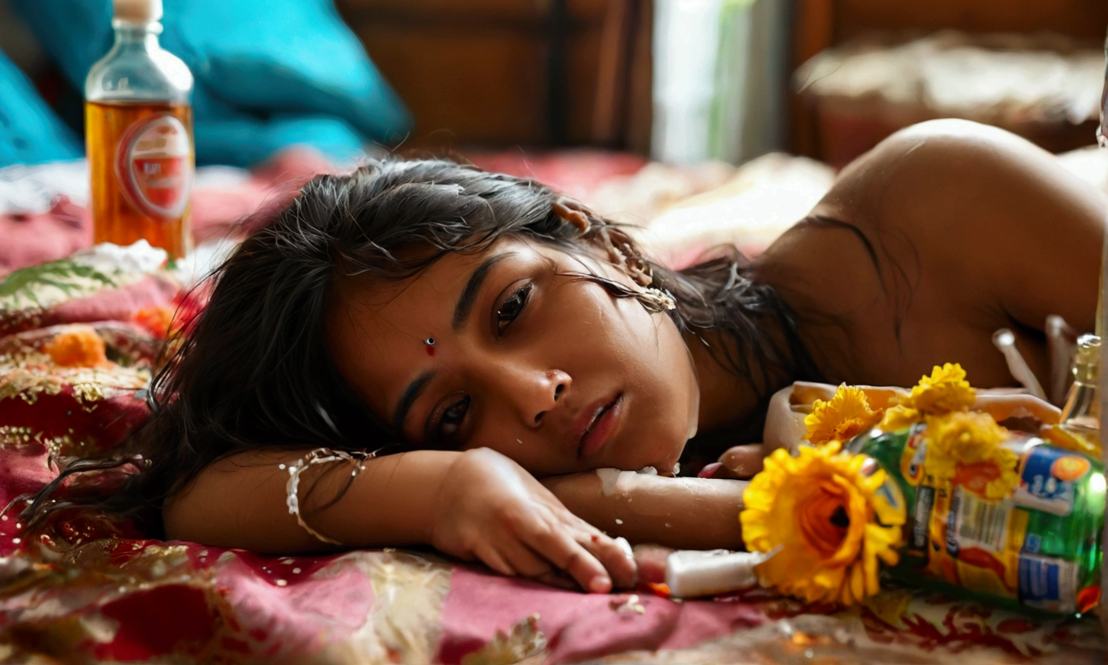Indian girl , lying on bed , legs open , fully naked , pussy overflow with cum , alchole bottle on the table , sad face ,