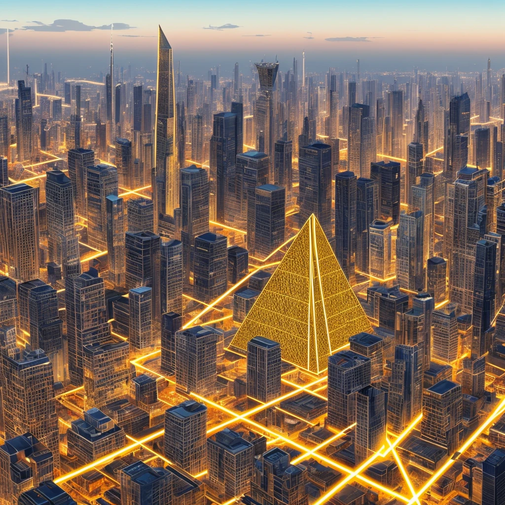 A futuristic background of a golden glass pyramid with laser beams leads to a hyper-realistic scific city with huge skyscrapers. The hyper resolution of the background is 4k and has an aspect ratio of 16:9.golden pyramid, masterpiece, anatomically correct, super detail, high quality, best quality, 8k, 16k, high details
