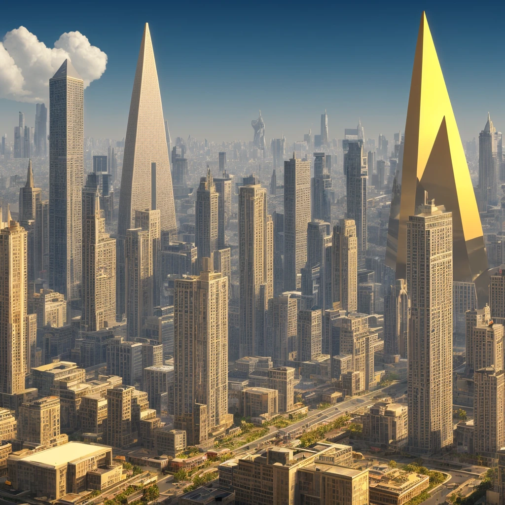 A futuristic background of a golden glass pyramid with laser beams leads to a hyper-realistic scific city with huge skyscrapers. The hyper resolution of the background is 4k and has an aspect ratio of 16:9.golden pyramid, masterpiece, anatomically correct, super detail, high quality, best quality, 8k, 16k, high details