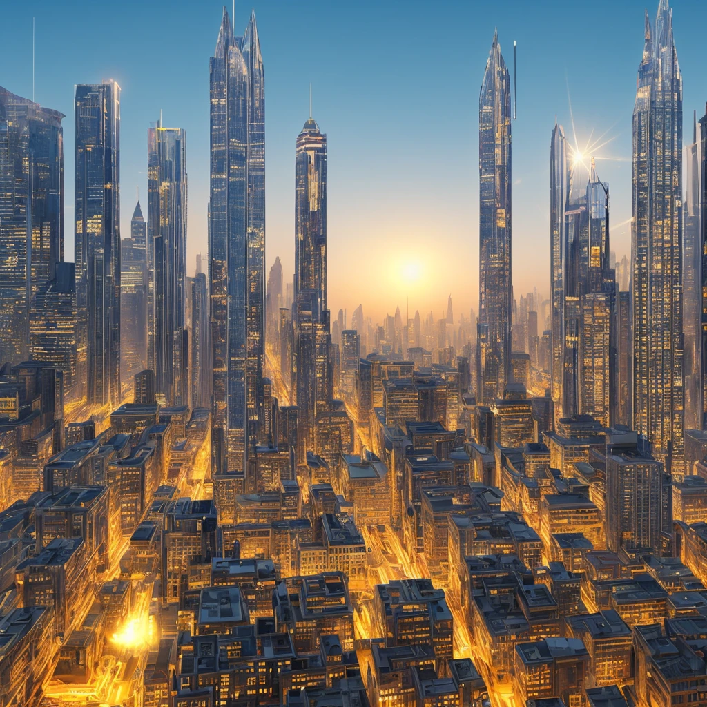 A futuristic background of a golden glass pyramid with laser beams leads to a hyper-realistic scific city with huge skyscrapers. The hyper resolution of the background is 4k and has an aspect ratio of 16:9.golden pyramid, masterpiece, anatomically correct, super detail, high quality, best quality, 8k, 16k, high details