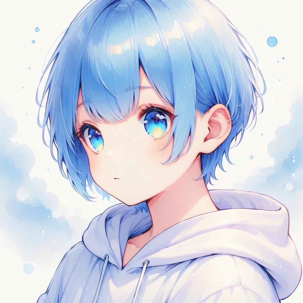 blue hair, blue eyes, short hair, hoodie, boy