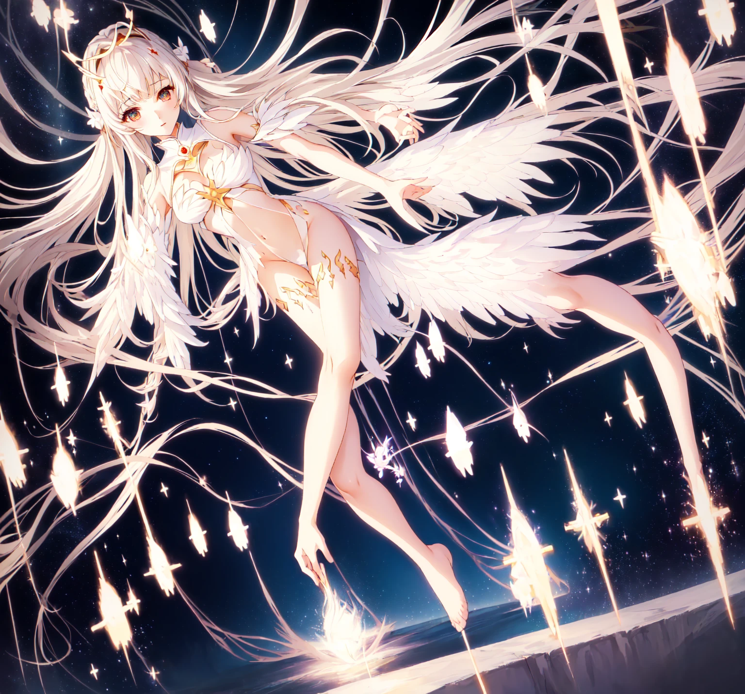 anime - style image of a woman dressed in a white dress and wings, angelic purity, full - body majestic angel, astral fairy, glowing angelic being, mana in the air, wiggly ethereal being, spellcasting pose, aion, wearing angel halo, cotton cloud mage robes, white glowing aura, ethereal wings, twintails white_gloves