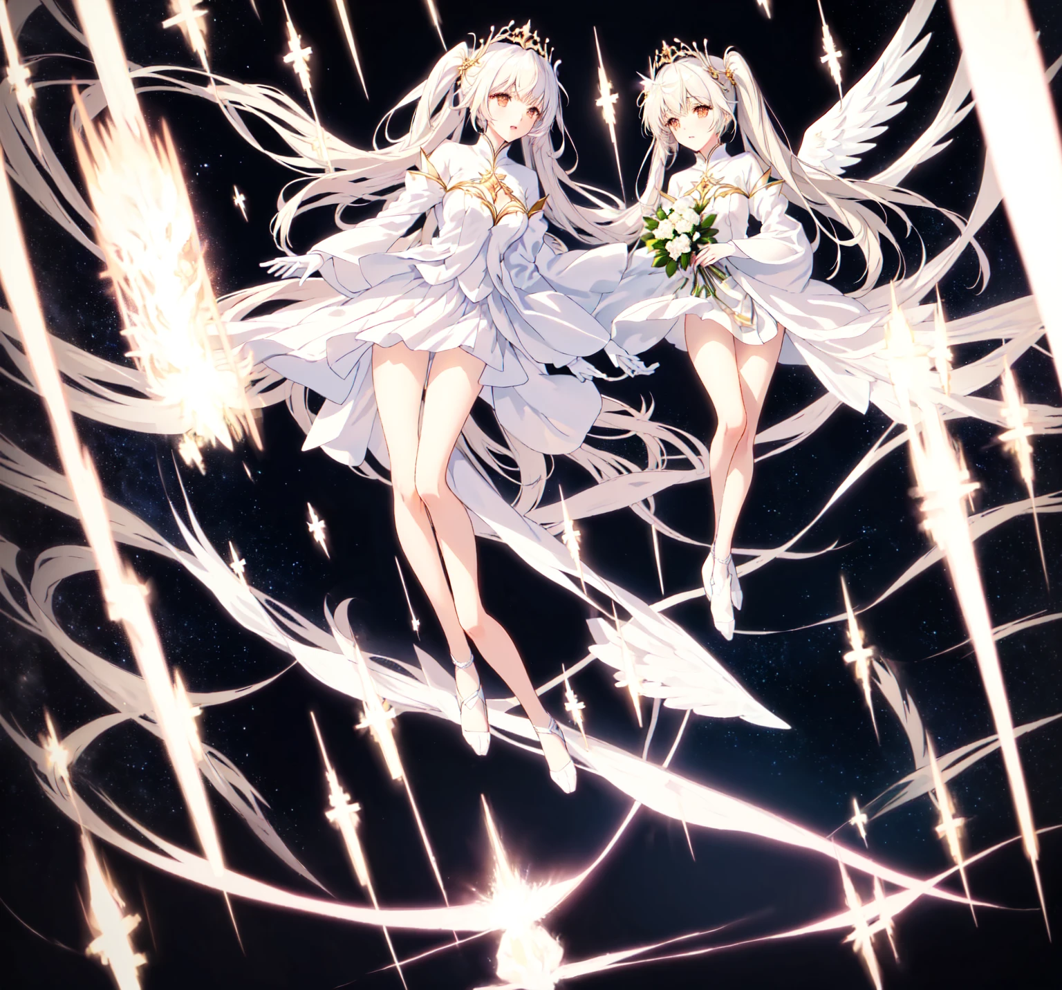 anime - style image of a woman dressed in a white dress and wings, angelic purity, full - body majestic angel, astral fairy, glowing angelic being, mana in the air, wiggly ethereal being, spellcasting pose, aion, wearing angel halo, cotton cloud mage robes, white glowing aura, ethereal wings, twintails white_gloves