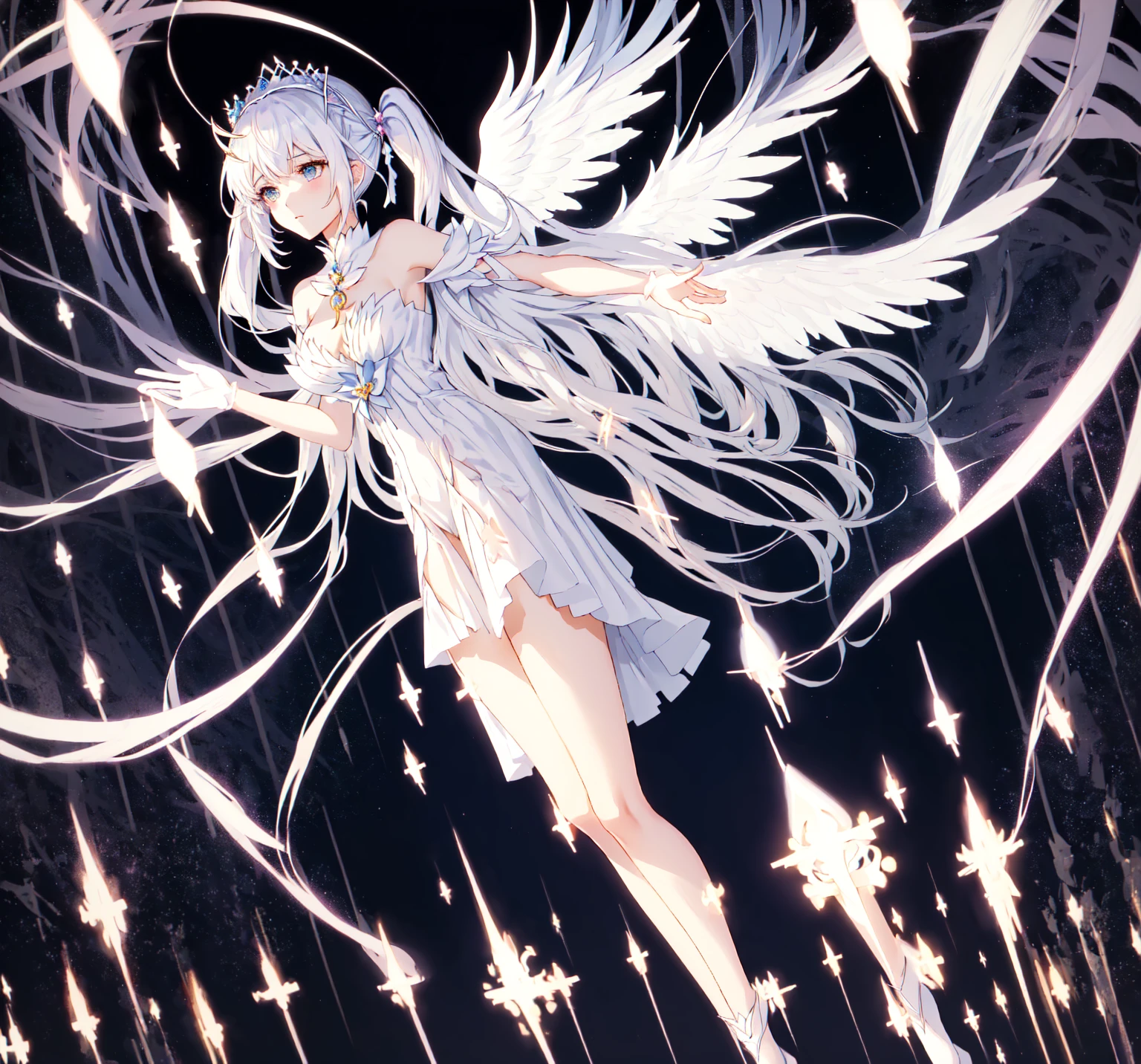 anime - style image of a woman dressed in a white dress and wings, angelic purity, full - body majestic angel, astral fairy, glowing angelic being, mana in the air, wiggly ethereal being, spellcasting pose, aion, wearing angel halo, cotton cloud mage robes, white glowing aura, ethereal wings, twintails white_gloves