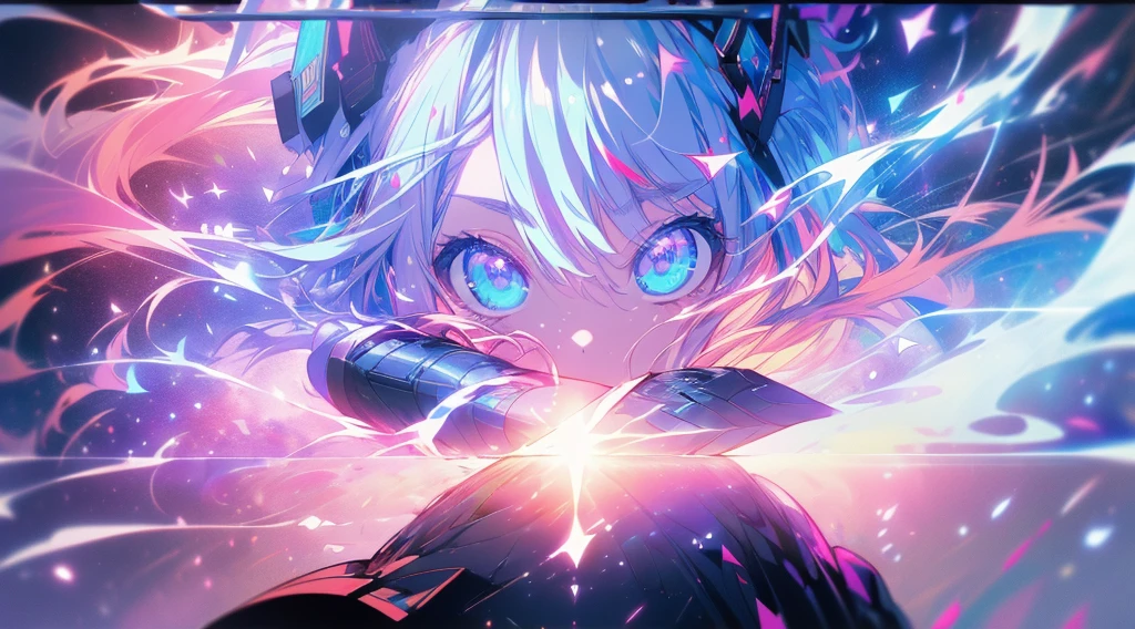 (A human who emits an aura from his body:1.4), (Blue energy light emanates from the body:1.4), (white heir:1.2), (gradient eyes:1.2), (finely detailed beautiful eyes:1.2), (symmetrical eyes:1.2), (big highlight on eyes:1.3), (fullbody:1.3), (fly:1.3), (cyber city:1.4), (lightning discharge lightning effects:1.2), (electrocution:1.3), (masterpiece:1.4), (illustration:1.2), (best quality:1.4), (best aethetic:1.2), (beautiful art:1.4), (ultra-detailed:1.4), (8k), (HDR), (sharp focus), (intricate), HOSHINO AI, PURPLE EYES, STAR-SHAPED PUPILS, Hoshino Ai, long hair, purple hair, streaked hair, purple eyes, star-shaped pupils, hair ornament