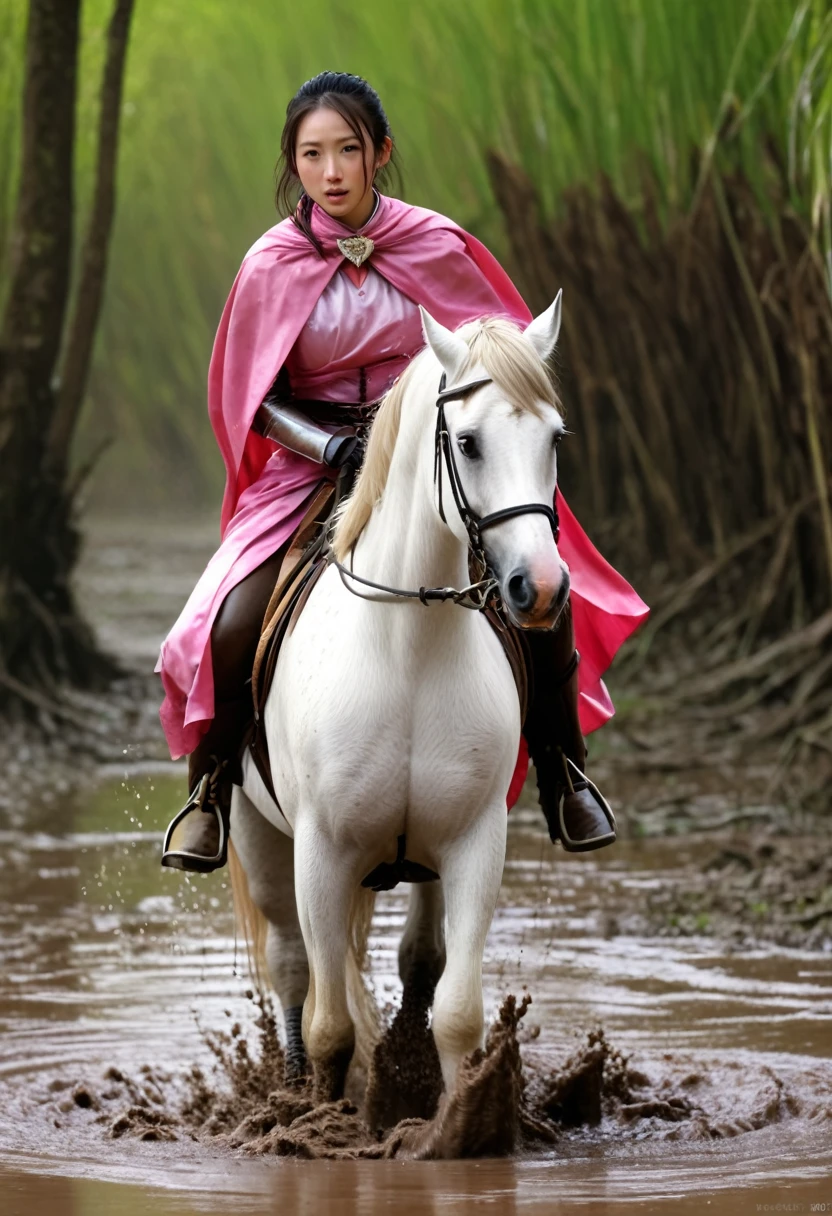 (((masterpiece))),(((Highest quality))),((Tabletop:1.4, Highest quality)), (Realな写真:1.4), in the muddy river,dirty swamp,
((1 cute girl knight)),rodeo,horse standing,Surprised face,stumble,aggressive,slouch,horse standing, prancing horse in pitfall,cute,Napoléon horse sliped in pitfall,in the pitfall,Uplifting,Naughty,
(超High resolution:1.2),, wonderful, Very detailed CG Unity 8k wallpaper, Very detailed, High resolution,fat horse ridden by japanese girl,Plump,Double,Pink armor and cape,Soaking in the swamp,Mud Splash,
Soft Light, Beautiful detailed girl, Droopy eyes,Very detailedな目と顔, Beautiful and exquisite nose, Beautiful and exquisite,  horse ridden by a girl can't stand up because its drowned in the sticky muddy pitfall:10.0 ,Displeased face:4.0,Real,Stir,Anatomically correct,action horse riding scene while struggle fighting