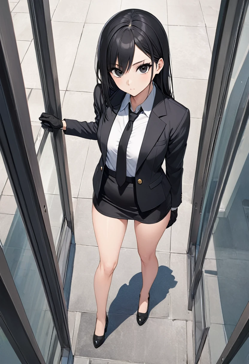 Black miniskirt , black shoes , pencil skirt , whole body , thighs , black hair , black eyes , straight hair ,Black shorts blazer with open buttons , black tie , bare legs , View from above , Black gloves , standing posture