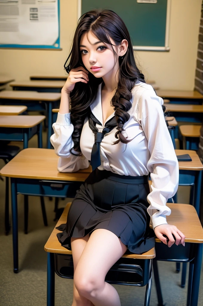 ((masterpiece, best quality)),best aesthetic,1girl, , desk, sitting, school desk, brown hair, classroom, long hair, indoors, chair, looking at viewer, :p, solo focus, brown eyes, skirt, long sleeves, pencil, 1 boy, pencil case, paper, black serafuku, multiple girls, pleated skirt, sailor collar, bangs, headrest, school bag, school chair