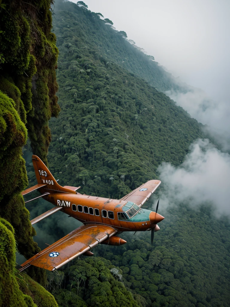 (RAW PHOTO), The rusted airplane in the Amazon jungle, on the highest cliff, Moss, fog, details, hyper-realistic, 16k