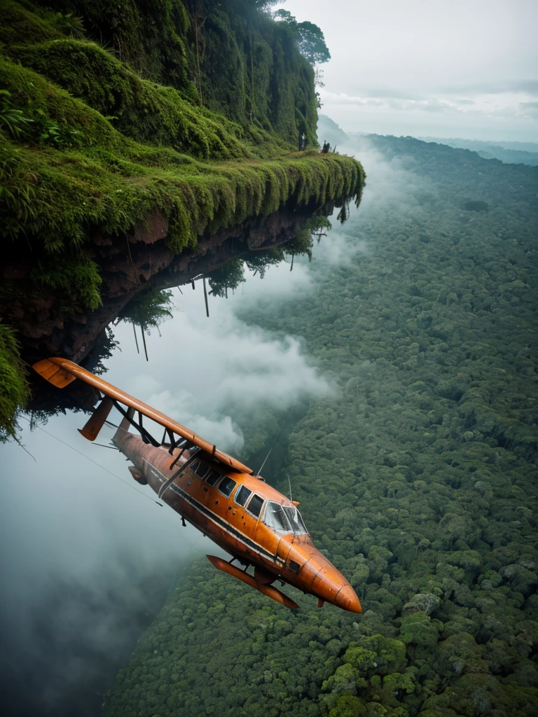 (RAW PHOTO), The rusted airplane in the Amazon jungle, on the highest cliff, Moss, fog, details, hyper-realistic, 16k