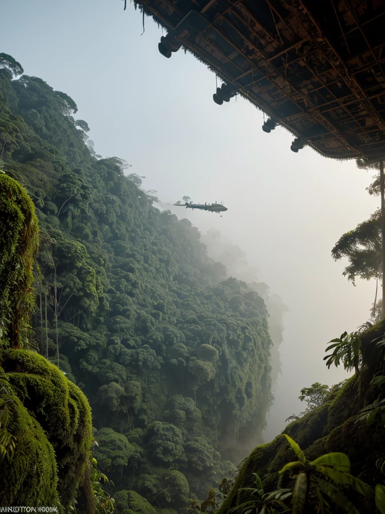 (RAW PHOTO), The rusted airplane in the Amazon jungle, on the highest cliff, Moss, fog, details, hyper-realistic, 16k