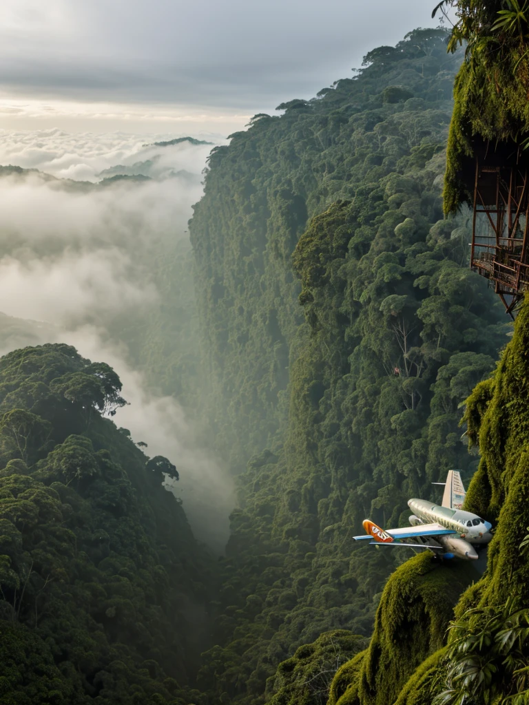 (RAW PHOTO), The rusted airplane in the Amazon jungle, on the highest cliff, Moss, fog, details, hyper-realistic, 16k
