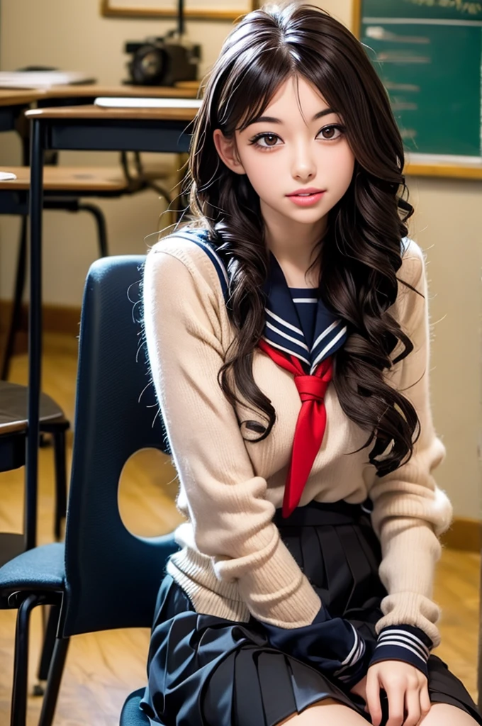 ((masterpiece, best quality)),best aesthetic,1girl, , desk, sitting, school desk, brown hair, classroom, long hair, indoors, chair, looking at viewer, :p, solo focus, brown eyes, skirt, long sleeves, pencil, 1 boy, pencil case, paper, black serafuku, multiple girls, pleated skirt, sailor collar, bangs, headrest, school bag, school chair