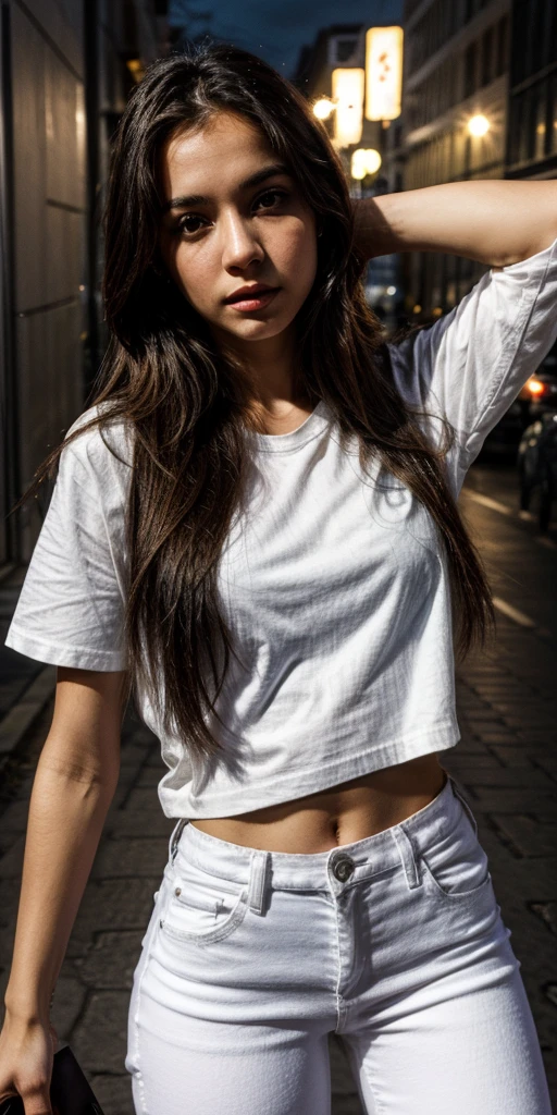 Melanie Rios, straight hair, thin body, expressive eyes, above view, looking to the viewer, white t-shirt, black jeans pants, at night, in Berlin, sensualizing