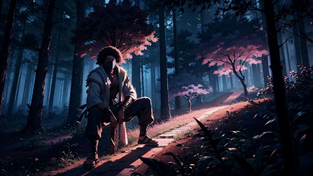 an afro-american shinobi waiting on an branch of tree in a drak forest at night