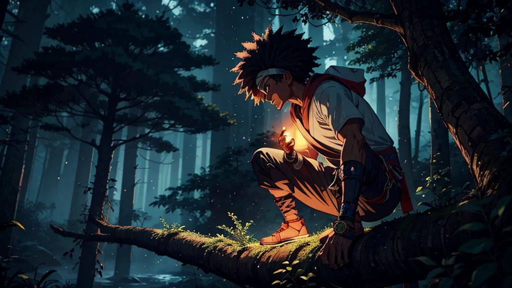 an afro-american  shinobi waiting on an branch of tree in a drak forest at night
