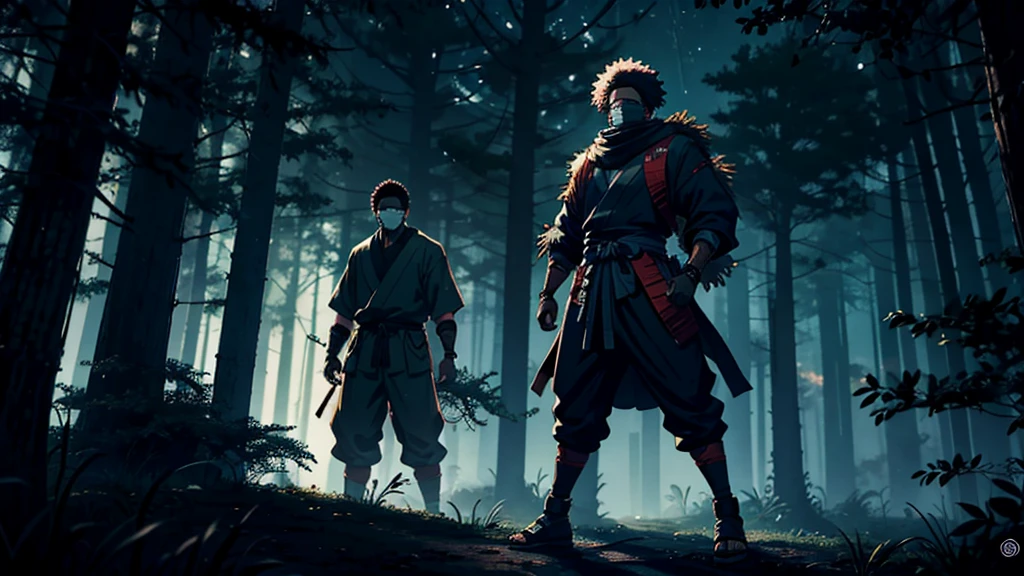 an afro-american  shinobi waiting on an branch of tree in a drak forest at night