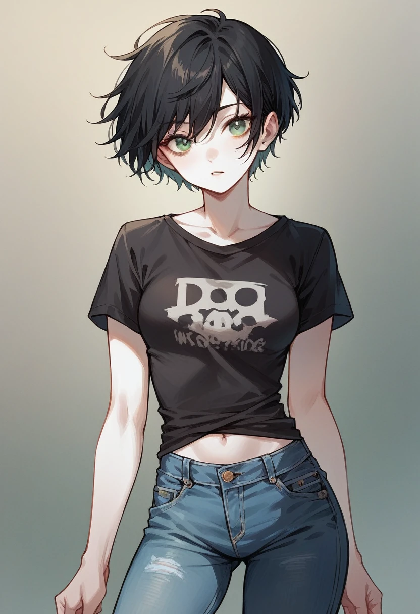 1 girl with short black hair, green eyes, white skin and wears a black t-shirt and light blue short jeans