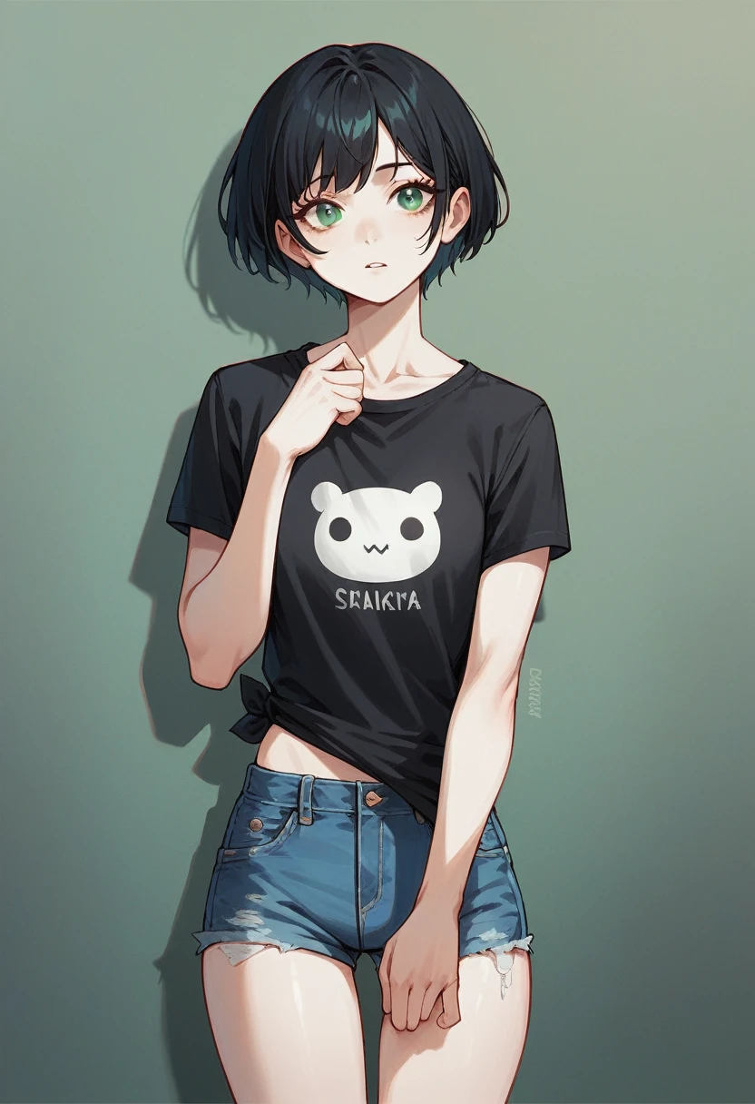 1 girl with short black hair, green eyes, white skin and wears a black t-shirt and light blue short jeans