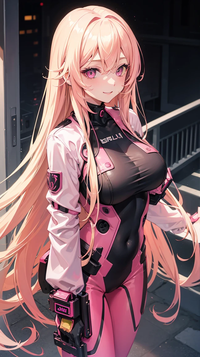 Adult woman, pink eyes, long blonde hair, floating, pink-black plugsuit, night