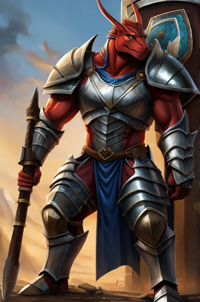 A Taurean wearing full armor, a shield and a war hammer, intimidating
