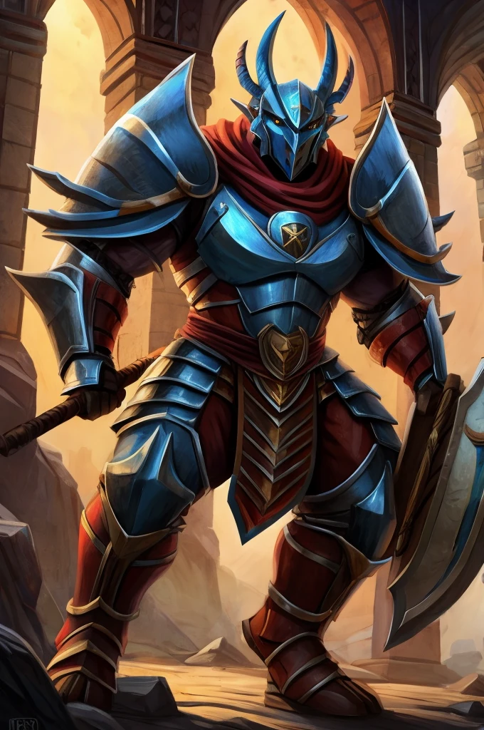 A Taurean wearing full armor, a shield and a war hammer, intimidating 