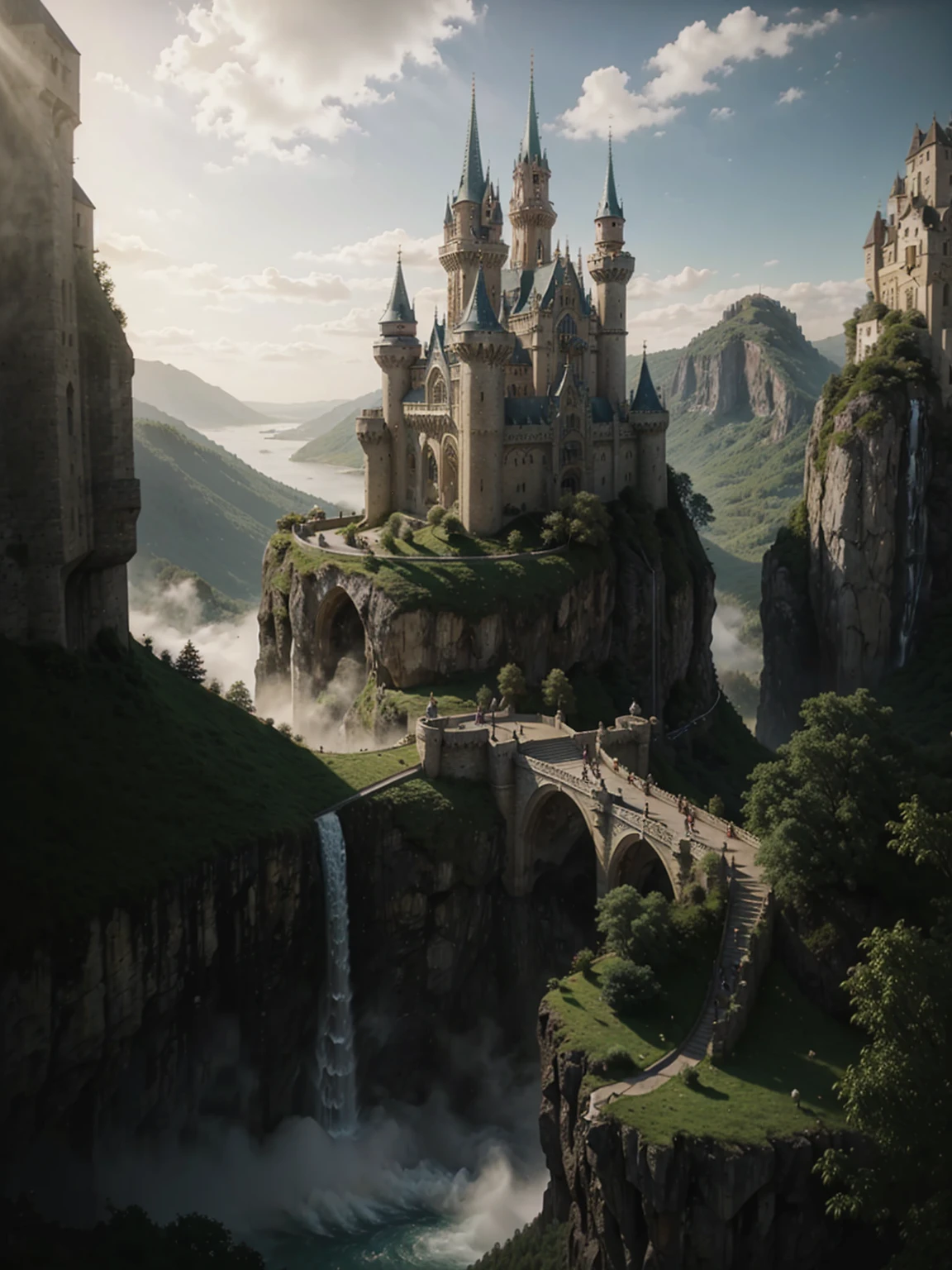 the city of terrasen from the acotar book series, with the castle on top of the mountain, arafed castle on a cliff with a waterfall and a bridge, epic rivendell fantasy, beautiful render of a fairytale, breathtaking fantasy art, fantasy castle, matte painting in fantasy style, beautiful castle, illustration matte painting, majestic matte painting, epic castle with tall spires, fairytale artwork, realistic fantasy artwork, fantasy matte painting,cute, high fantasy castle
