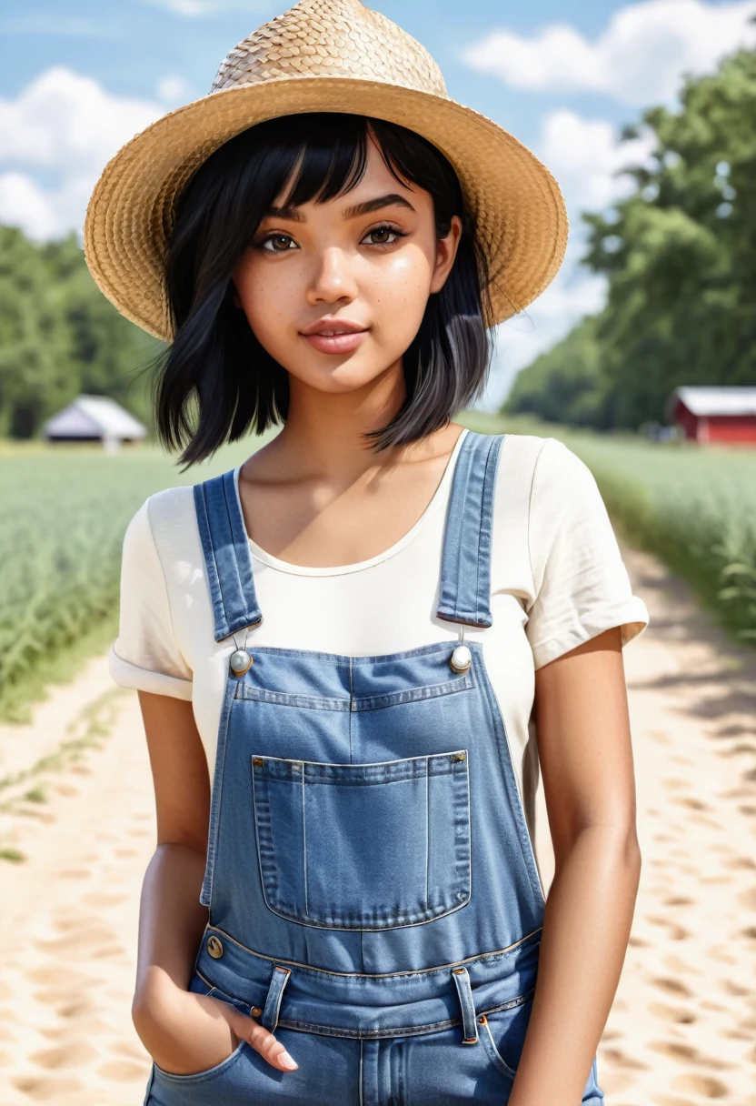 photo realistic cute girl with light brown skin and short black hair wearing denim overalls and a straw hat 
