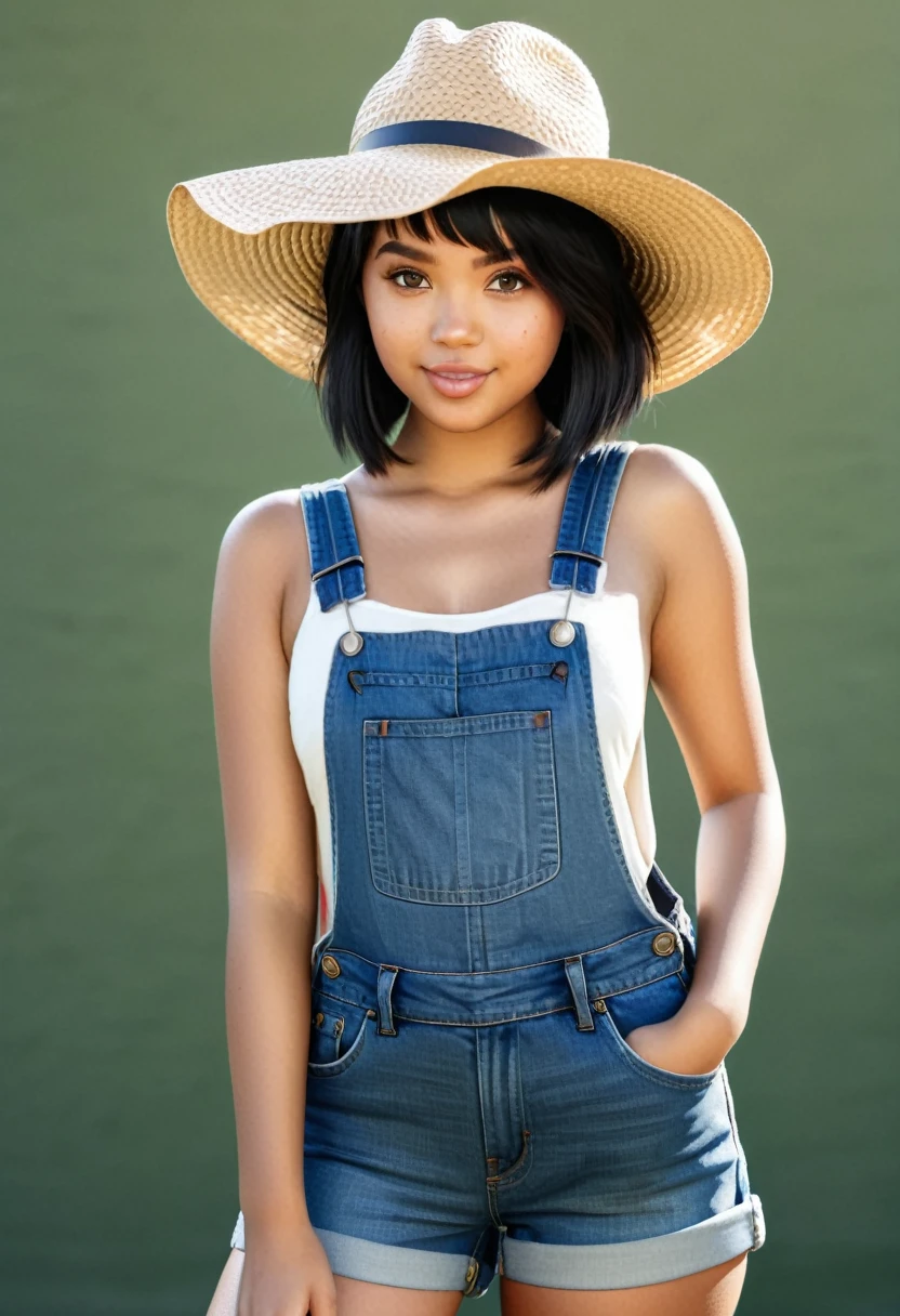 photo realistic cute girl with light brown skin and short black hair wearing denim overalls and a straw hat 