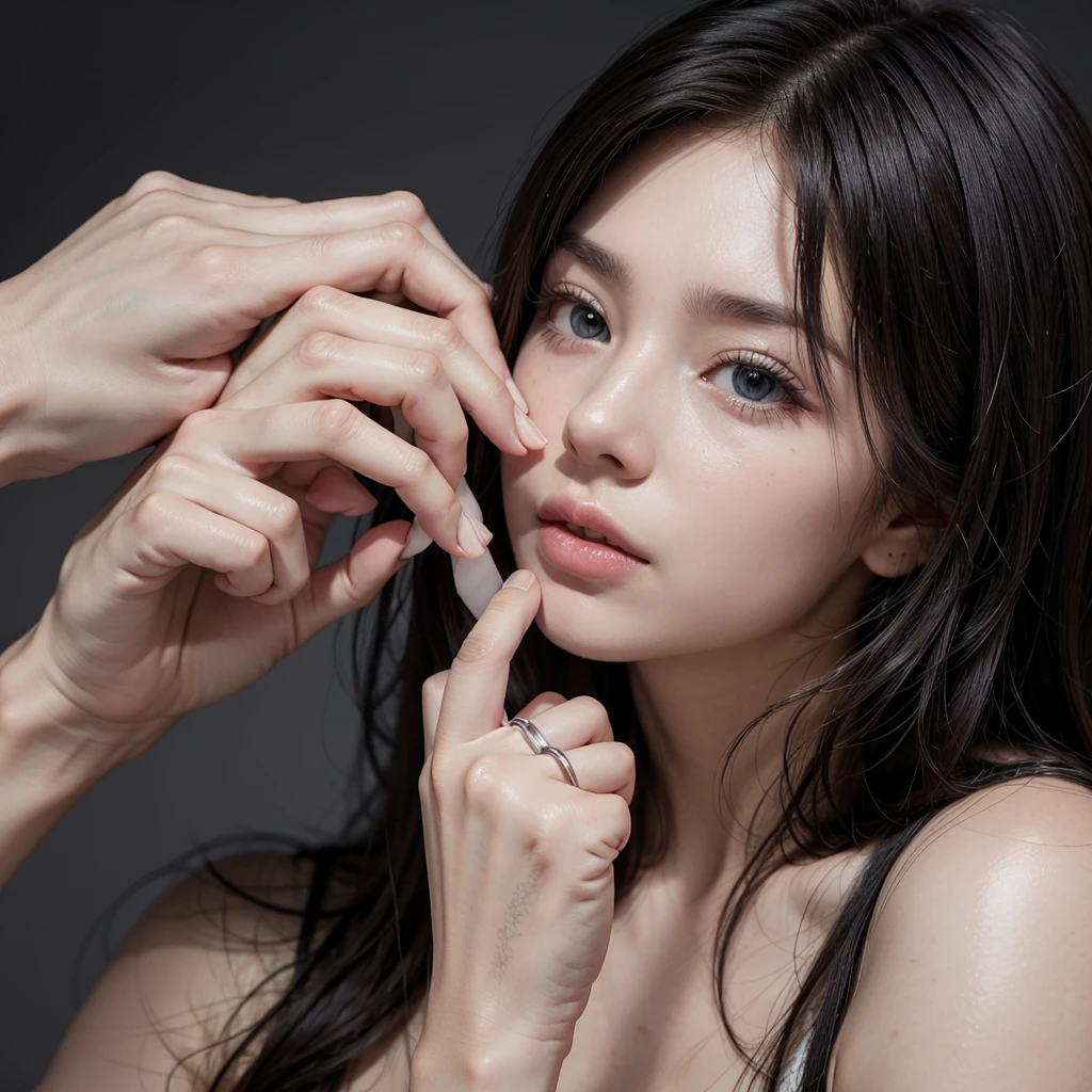 ((8K, top-quality, masterpiece, 超A high resolution, Photorealsitic:1.5)), 1girl in, age19, tilt the neck, Look up from the bottom of the viewer:1.5, Perfect dynamic composition, Highly detailed eye and face texture:1.3, Fair skin, (Beautiful blue eyes, Erotic eyes:1,5), (Face feeling ecstasy:1.5, Sexy face:1.5), (A mouthfeel that feels beautiful eros:1.55), Facial expression when you feel that you are being caressed violently:1.4, Facial expressions when receiving pleasure:1.4, (Expression drowning in pleasure:1.6), (foco nítido, Cinematic lighting), Show face only, (((Too erotic)))