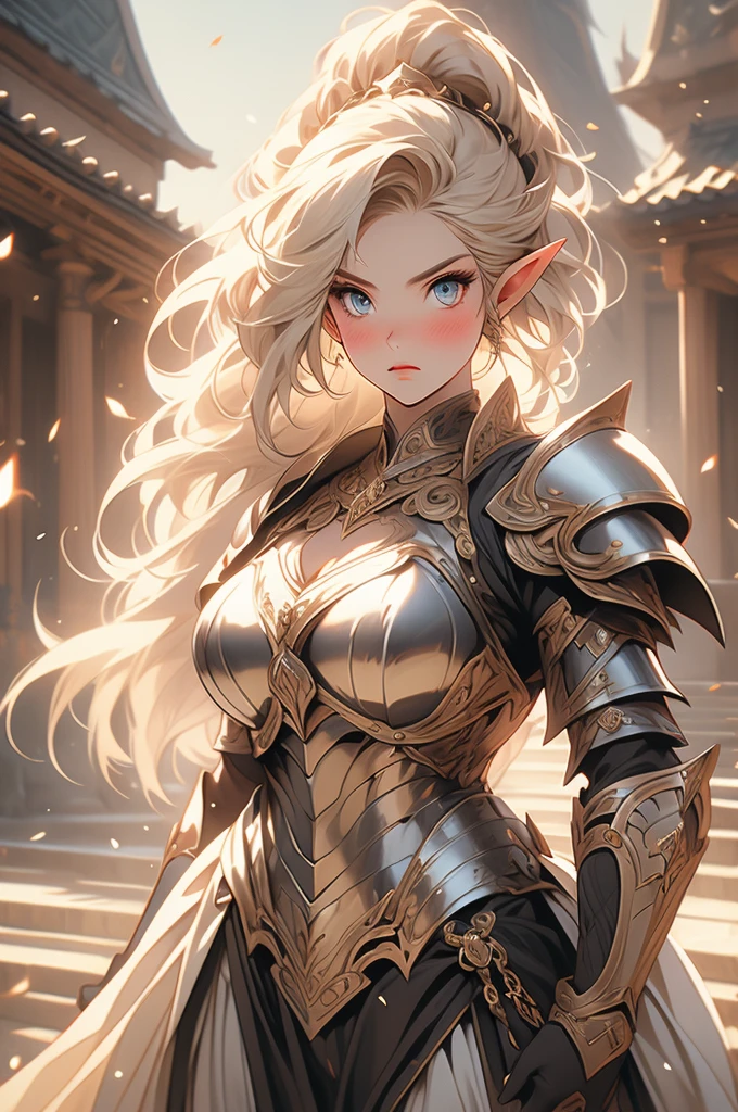 heroine, plump, voluptuous, elven ears, blonde hair, fierce eyes, plate armor, sword, fierce pose, striking pose, combat, blush