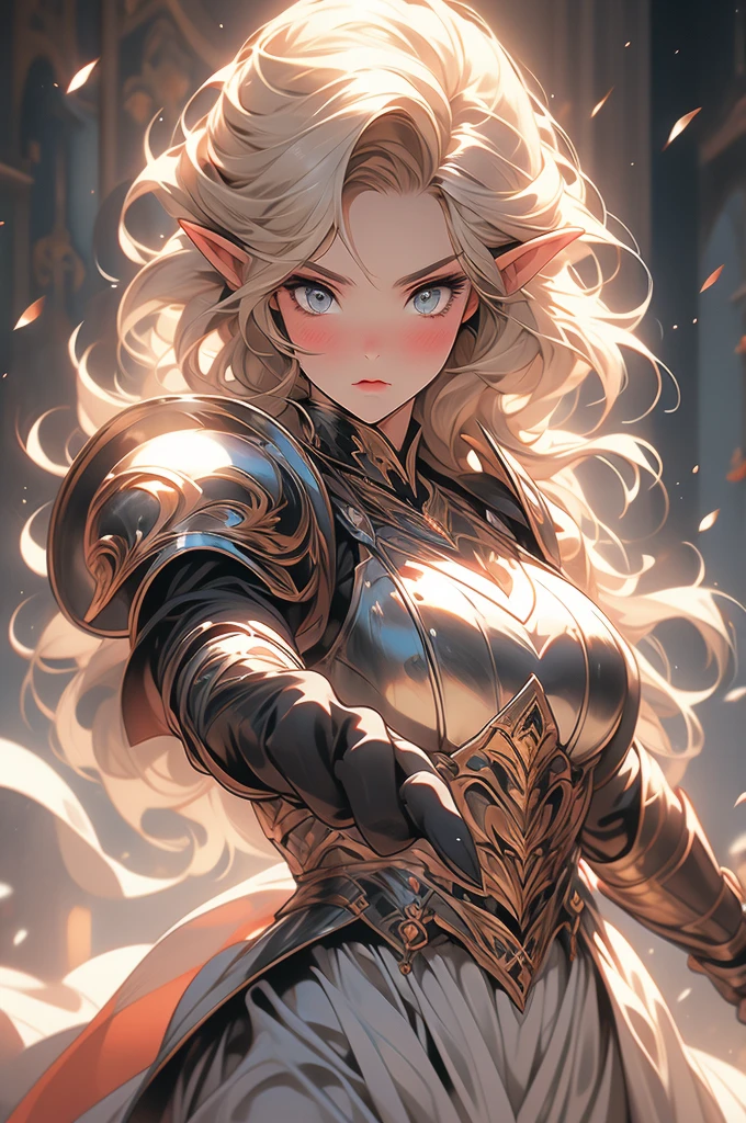 heroine, plump, voluptuous, elven ears, blonde hair, fierce eyes, plate armor, sword, fierce pose, striking pose, combat, blush