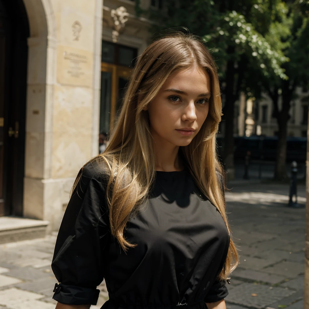 ((best quality)), ((masterpiece)), (detailed), 1woman, very long blonde hair, classic black dress, summer, walking in Milan, Italy